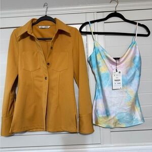Zara Mustard Button-Down Shirt and Pastel Tie-Dye Camisole